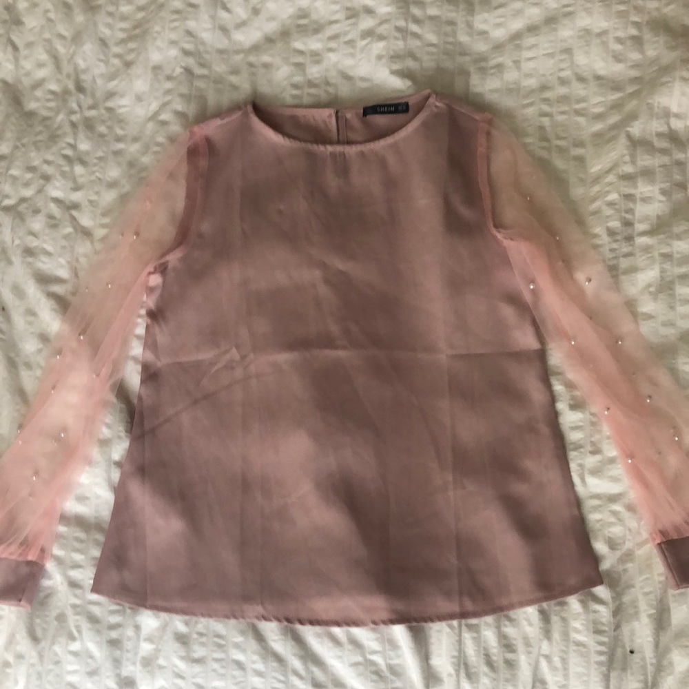 Dusty Pink Mesh Pearl Sleeve Top